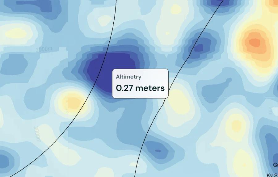 The altimetry layer in Catchwise, revealing eddies and current boundaries